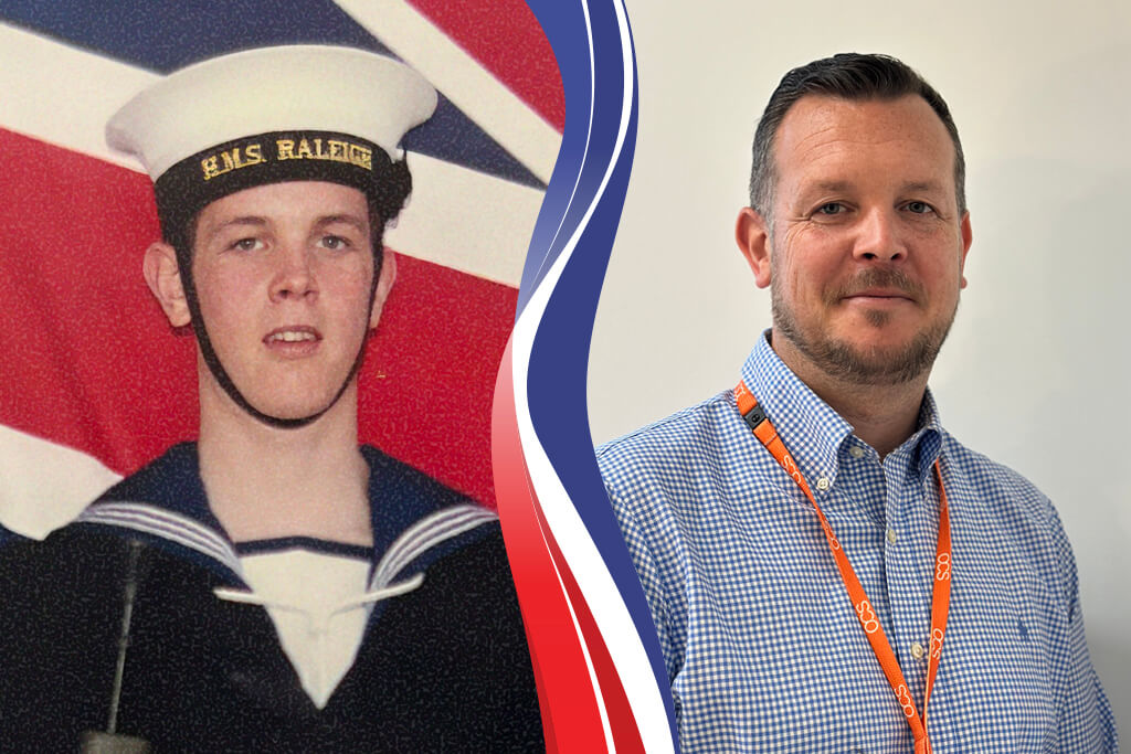 Two Images of Carl Gage: On the left as a Naval Chef, on the right working in Facilities Management