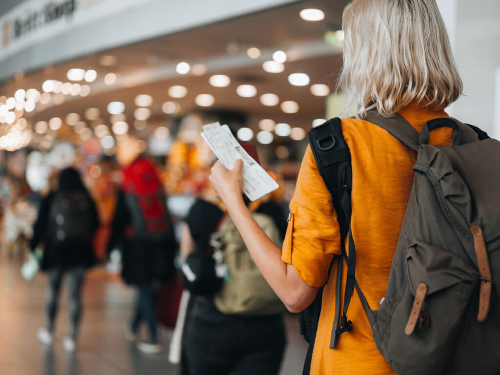 Busy airport check in queue