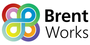 Logo showing a multicolored, interwoven design next to the text Brent Works in bold black letters. The design features overlapping loops in green, blue, purple, orange, red, and teal.