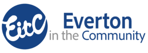 Logo of Everton in the Community with a stylized EitC on a blue circle to the left and the text Everton in the Community in dark and light blue on the right.