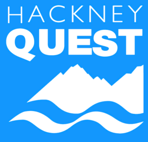 Blue square logo featuring the words Hackney Quest at the top in white. Below the text, a white mountain shape is above two wavy lines, resembling water.