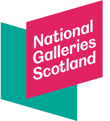 Logo of National Galleries Scotland, featuring a pink rectangle overlapping a teal rectangle, with the text National Galleries Scotland in white, stylised letters on the pink background.