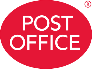 Post Office logo. A red oval logo with the words Post Office written in white capital letters. A small registered trademark symbol is located in the upper right corner.