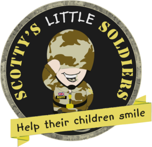 A cartoon soldier in camouflage salutes. The words SCOTTYS LITTLE SOLDIERS encircle the soldier. A yellow banner below reads Help their children smile. The soldier has a patch with a UK flag and SCOTTY on it.