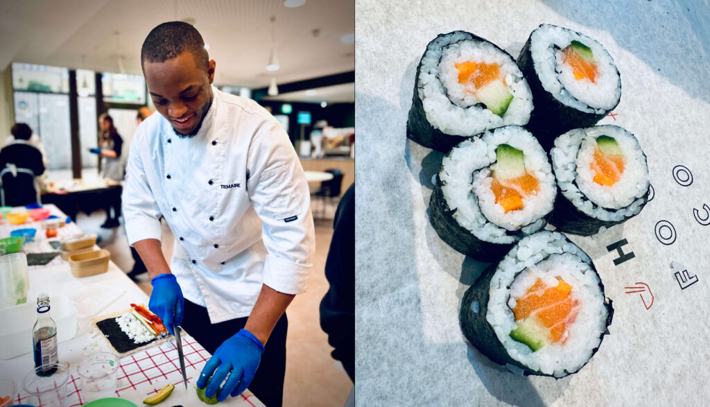 On the left, a chef in a white coat and blue gloves is preparing sushi at a table. On the right, there is a close-up of five sushi rolls with salmon, cucumber, and rice wrapped in seaweed.