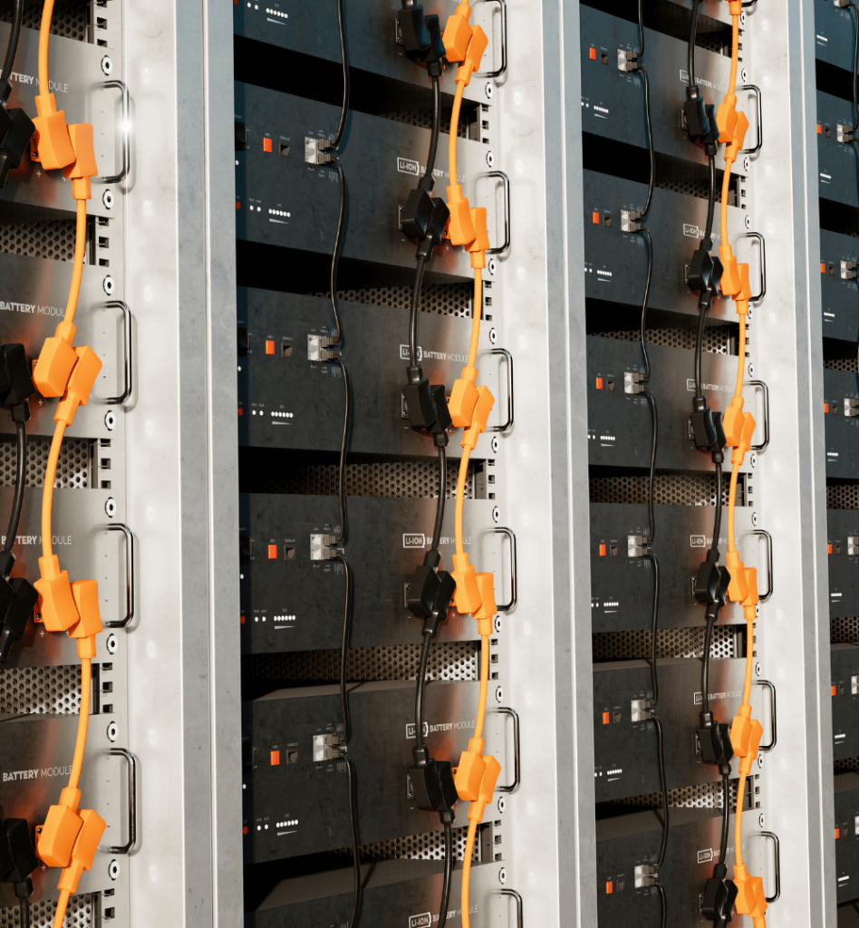 Rows of industrial battery modules are stacked vertically, with yellow cables and orange connectors running between them. The setup is housed in a metal frame, indicating a power storage or backup system.