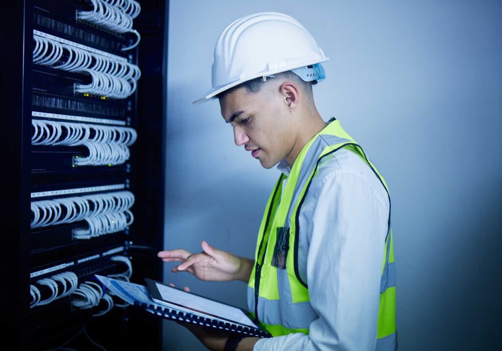 A person wearing a white hard hat and a yellow safety vest is examining a server rack and holding a clipboard. They appear to be inspecting network cables in a data center or server room.