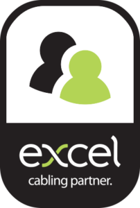 Logo with two overlapping silhouettes, one black and one green, above the text excel cabling partner in white on a black background.