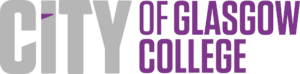 Logo of the City of Glasgow College. CITY is in large gray letters, while OF GLASGOW COLLEGE is smaller and in purple.