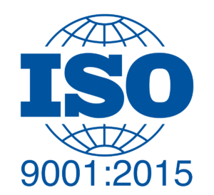 Blue ISO 9001:2015 text with a stylized globe behind ISO in bold letters.