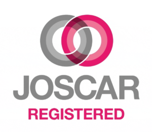 The image shows the JOSCAR Registered logo, featuring two interlocking circles in gray and pink, above the words JOSCAR REGISTERED in bold gray and pink letters on a white background.