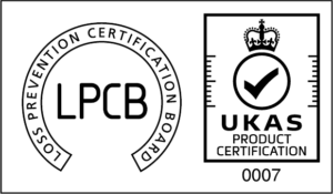 Logos for the Loss Prevention Certification Board (LPCB) and UKAS Product Certification. The LPCB logo is a circle with LPCB inside. The UKAS logo features a crown, a check mark, and the number 0007.