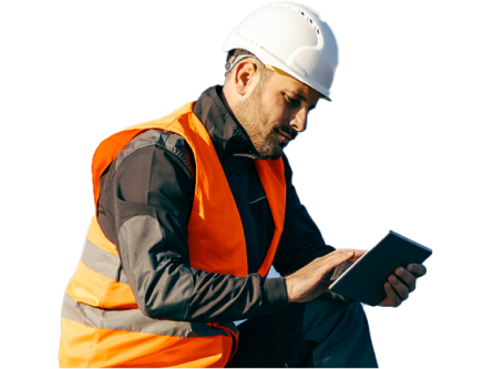 A person wearing an orange safety vest and white hard hat is crouching while using a tablet. They are dressed in black clothing beneath the vest and appear focused on the device in their hands.