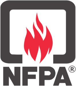 Logo of the NFPA (National Fire Protection Association) featuring a stylized red flame inside a black square with rounded corners. The letters NFPA are in bold black beneath the flame.