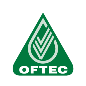 Green triangular logo with a stylized white and green droplet containing three downward-pointing chevrons. The word OFTEC is written in white at the bottom.