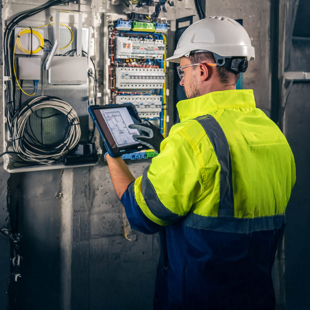 A worker in high-visibility clothing and a hard hat uses a tablet to inspect an open electrical panel. The panel contains wires and circuit breakers. The setting appears to be an industrial or construction site.