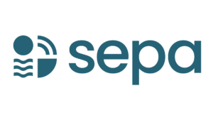 Logo featuring the word sepa in lowercase blue letters. To the left, a design with a blue circle, three curved blue lines below, and a semicircle with two curved lines resembling signal waves.