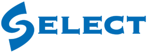 Blue stylized logo with the word SELECT in bold capital letters. The S is designed with a curved swirl effect, resembling a dynamic motion. White background.