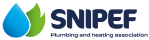 Logo of SNIPEF, featuring a blue water droplet and a green leaf symbol. The text reads SNIPEF Plumbing and heating association in bold navy blue font.