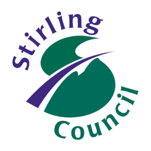 Logo of Stirling Council featuring a stylized green S with a purple arc crossing it. The words Stirling Council are written around the S in purple text.