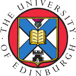 The University of Edinburgh logo features a red circle with a white and blue shield containing a book, a thistle, and a castle. The text The University of Edinburgh encircles the shield.