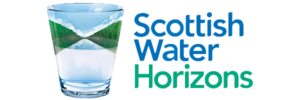 A glass of water reflects a scenic landscape with blue sky and green trees. Beside the glass, the text reads Scottish Water Horizons in blue and green lettering.