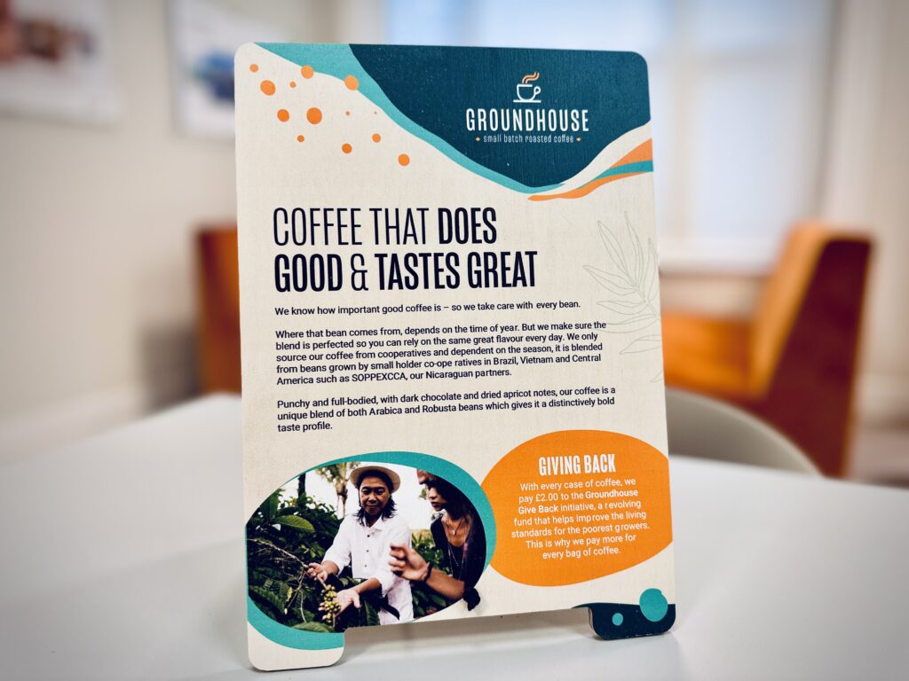 A promotional sign for Groundhouse coffee, highlighting their mission of ethical sourcing. It mentions the blend of Arabica and Robusta beans and includes an inset image of two people examining coffee plants. The text box titled Giving Back discusses their support for coffee farmers.