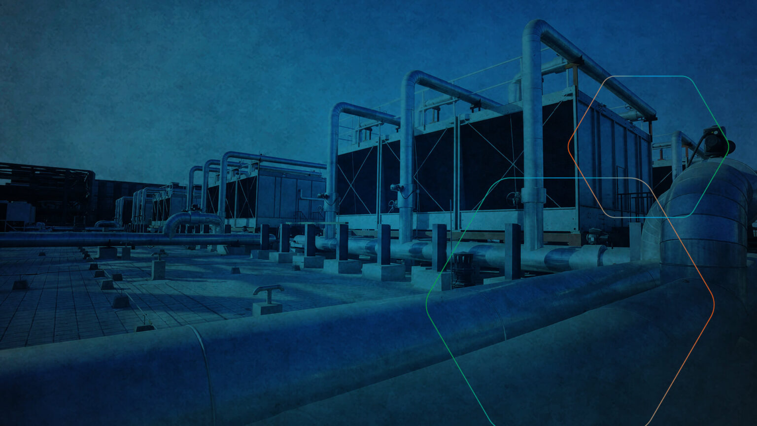 Rows of industrial air conditioning units and piping on a rooftop under a clear blue sky. Diagonal lines in various colors overlay the image, adding a geometric design element.