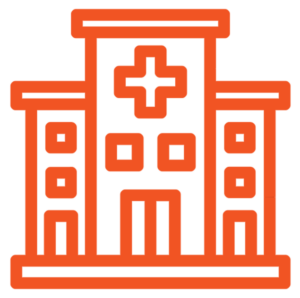 An orange outline icon of a hospital building with a cross symbol at the top center, multiple windows, and double entrance doors.