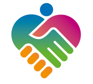 A colorful illustration of two hands shaking, forming the shape of a heart. The design features blue, green, pink, and orange gradients, symbolizing unity and cooperation.