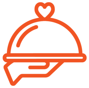 An orange line drawing of a hand holding a food tray with a cloche lid, which has a heart shape at the top.
