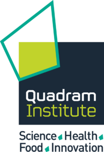 Quadrum Institute logo with a green geometric shape above the words “Quadram Institute” in white and green text on a dark blue background.