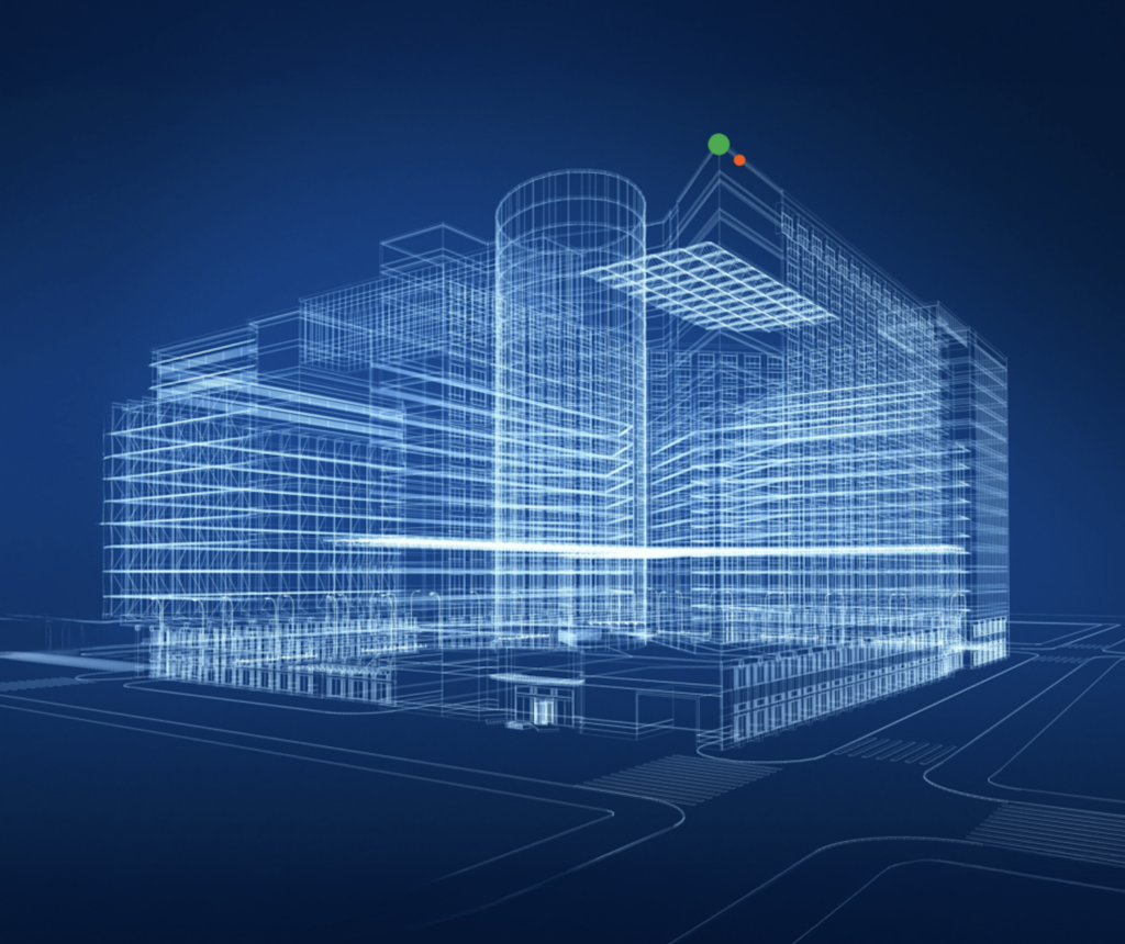 Digital wireframe rendering of a multi-story building with modern architectural features, displayed on a blue background, suggesting a concept of architectural design or construction planning.