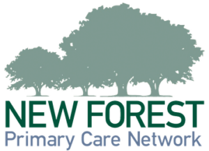 Logo of New Forest Primary Care Network showing silhouettes of three large trees in green above the organizations name in bold green and blue text.