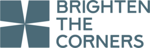 A geometric logo with four blue shapes forming a pinwheel, next to the words BRIGHTEN THE CORNERS in bold, uppercase blue letters.
