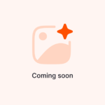 A beige abstract shape with a curved line inside a rounded square appears above the text Coming soon on an orange background.