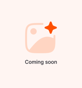 A beige abstract shape with a curved line inside a rounded square appears above the text Coming soon on an orange background.