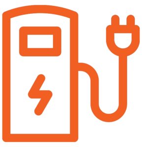 An orange icon of an electric vehicle charging station with a lightning bolt symbol and a connected power plug.