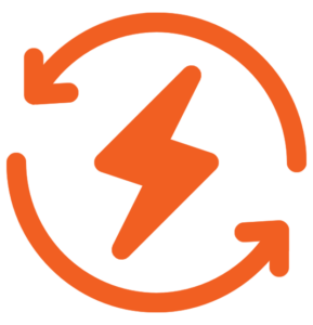 An orange lightning bolt is centered inside a circular arrow, symbolizing energy, electricity, or renewable power.