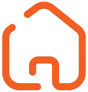 An orange, minimalist house outline icon with rounded corners and a simple, continuous line design on a white background.