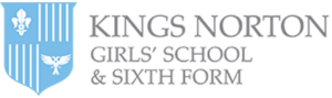 Logo for Kings Norton Girls School & Sixth Form. The blue and white crest features a fleur-de-lis, a bird with outspread wings, and vertical stripes. The schools name is written in grey capital letters to the right.