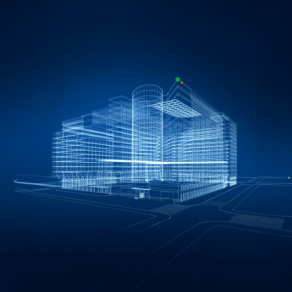Digital wireframe of a modern multi-story building with geometric lines, set against a dark blue background, featuring highlighted nodes and a subtle grid on the ground.