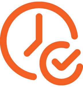 An orange clock icon with a check mark inside a smaller circle overlapping the lower right side of the clock, symbolizing time management or completed tasks.
