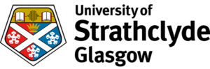 University of Strathclyde Glasgow logo with a crest featuring books, a crown, and floral emblems, alongside bold black text stating University of Strathclyde Glasgow.