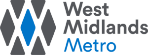 West Midlands Metro logo featuring grey geometric shapes forming a hexagon with a blue diamond in the center, and the words West Midlands Metro in grey and blue text on the right.