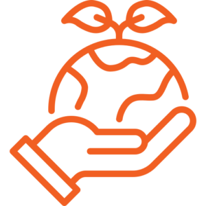 An orange line drawing of a hand holding the Earth with a plant sprouting from the top, symbolizing environmental care and sustainability.