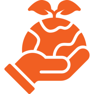 An orange icon of a hand holding a globe with two leaves sprouting from the top, symbolizing environmental care or sustainability.