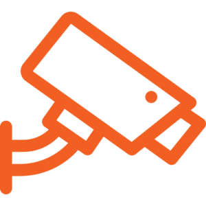 Orange outline icon of a security camera mounted on a wall, facing to the right, on a transparent background.