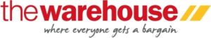 Logo for the warehouse with yellow double arrow symbols and the slogan where everyone gets a bargain written below in gray cursive text.