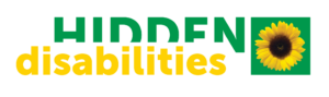 Text logo reading HIDDEN disabilities with HIDDEN in green and disabilities in yellow. At the end, there is a sunflower graphic inside a green square.